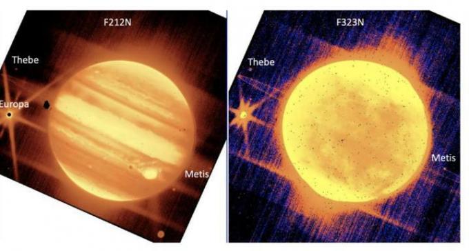 Lijevo: Jupiter, u sredini, i njegovi mjeseci Europa, Teba i Metis vide se kroz filtar od 2,12 mikrona NIRCam svemirskog teleskopa James Webb. Desno: Jupiter i Europa, Teba i Metis vide se kroz NIRCam-ov filter od 3,23 mikrona. 