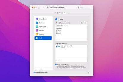 Mode fokus di MacOS Monterey dengan beberapa mode Fokus dibuat.