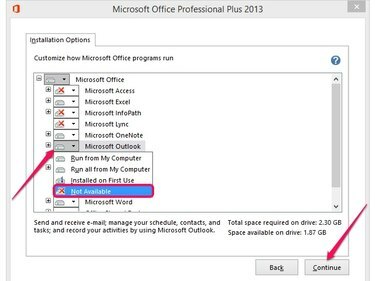 Le opzioni di installazione di Outlook.