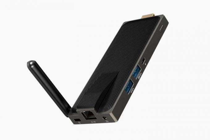 Awow Fanless Mini PC Stick NV41S på en hvid baggrund.