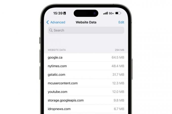 Safari 웹 사이트 데이터를 보여주는 iPhone.