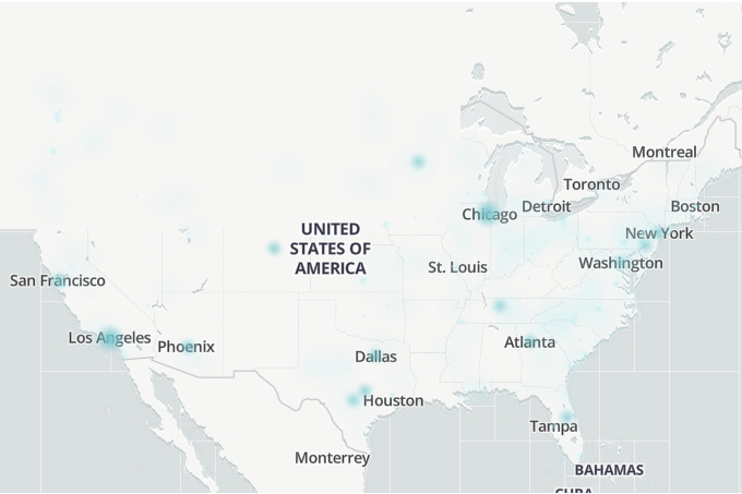 Un ejemplo de un mapa de Downdetector.com que muestra áreas con problemas de Hulu.