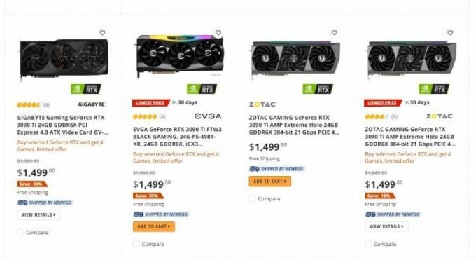 Newegg'de RTX 3090 Ti GPU'nun fiyatlandırması.