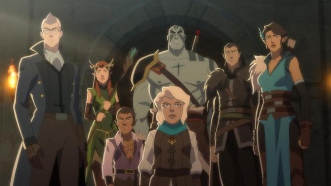 Um grupo de personagens animados fica lado a lado em uma cena de The Legend of Vox Machina.