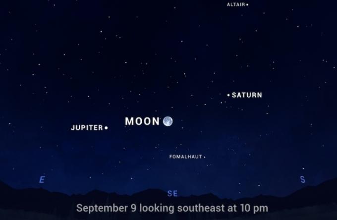 Månen, Jupiter och Saturnus på natthimlen i september 2022.