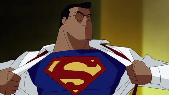 Animowany Superman rozrywa koszulę, odsłaniając garnitur.