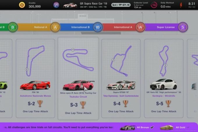 A seção Superlicença com muitos supercarros no Gran Turismo 7.