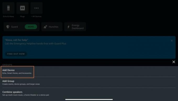 Új eszköz hozzáadásának kiválasztása az Alexa alkalmazásban.