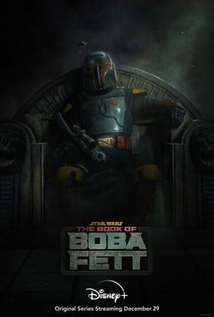 Boba Fett sėdi Jabba the Hutt meno soste iš serijos „The Book of Boba Fett“.