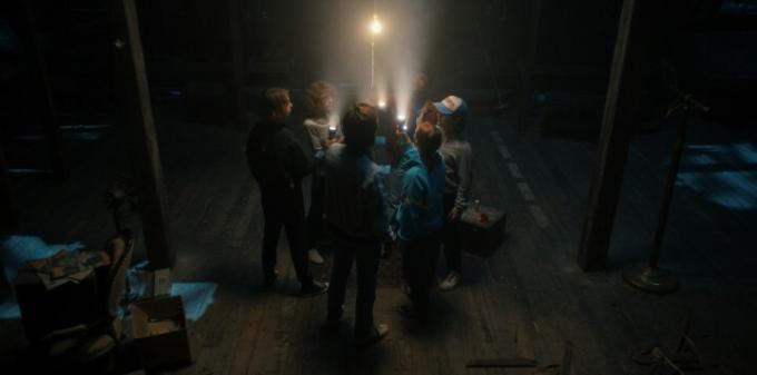De cast van Stranger Things houdt lichten omhoog op een donkere zolder, verzameld in een cirkel.