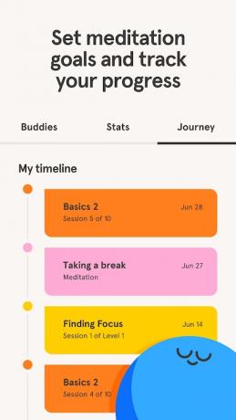 Captura de tela do aplicativo Headspace com uma lista multicolorida de metas e um texto que diz estabeleça metas de meditação e acompanhe seu progresso