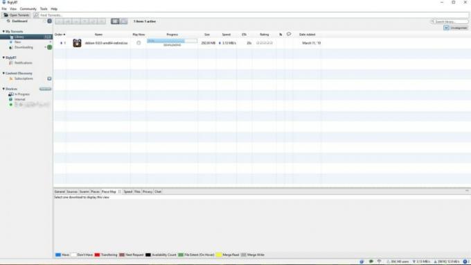 ダウンロードが進行中であることを示す BiglyBT クライアントのスクリーンショット。 