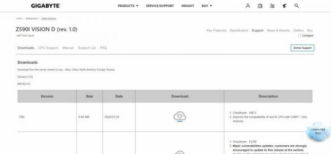 Страница поддержки Gigabyte для загрузки обновления BIOS для материнской платы Z590i Vision D.