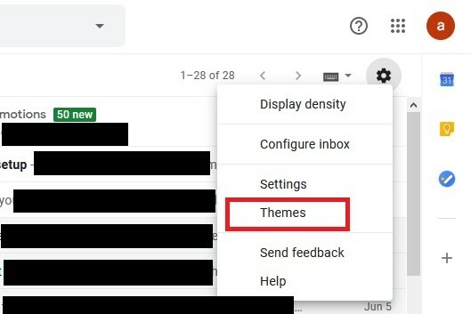 Gmail-teman Skärmdump på menyn Inställningar