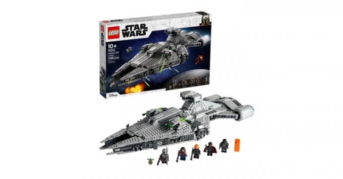 Sada Lego Mandalorian Imperial Imperial Light Cruiser na bielom pozadí.
