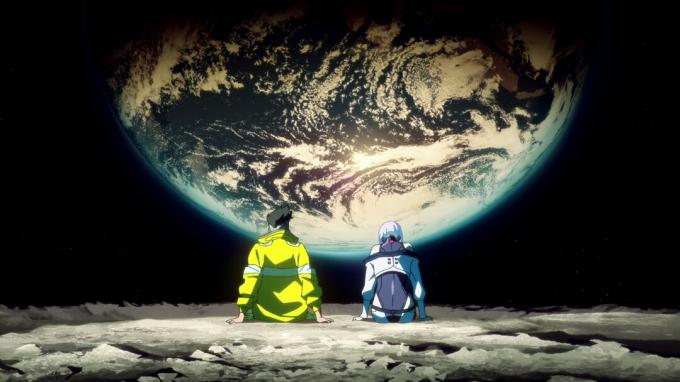 『サイバーパンク: エッジランナー』のシーンで、デイビッドとルーシーが月から地球を眺めています。