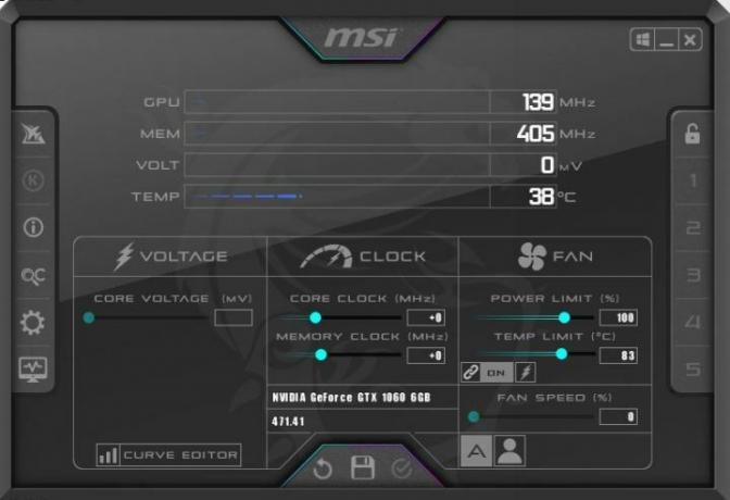 MSI Afterburner интерфейс.