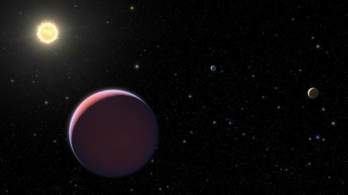 Illustratsioon tähest Kepler 51 ja kolmest tiirlevast planeedist.