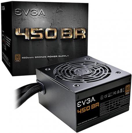 Fuente de alimentación EVGA 450 BR sobre fondo blanco.