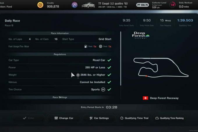 Requisitos do carro para a corrida diária B no Gran Turismo 7 Sport Mode. 