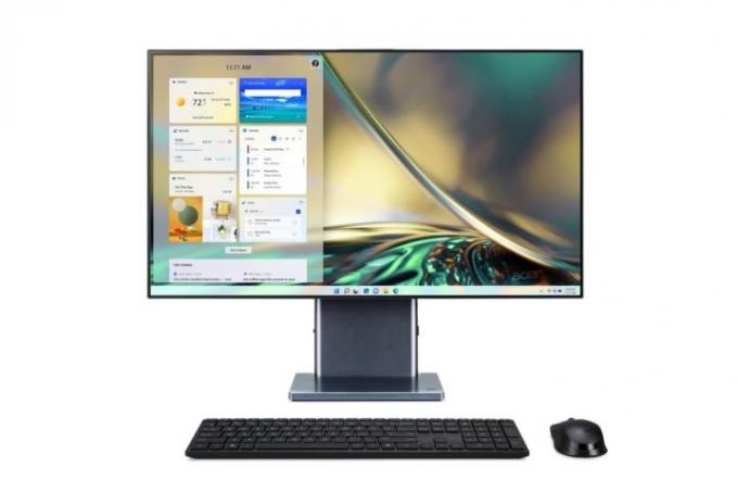 Acer Aspire S 27 all-in-one z otwartym paskiem widżetów systemu Windows 11.