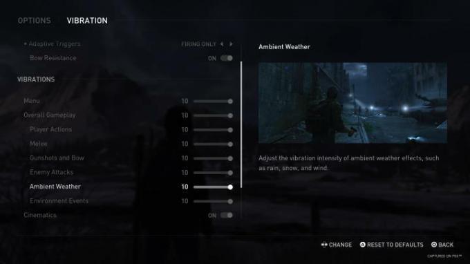 Izbornik pristupačnosti u The Last of Us Part I prikazuje opcije vibracije.