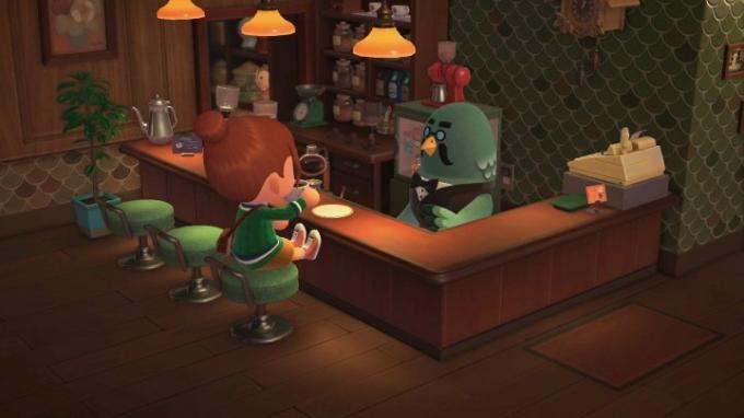 ชาวบ้านดื่มกาแฟที่ The Roost ใน Animal Crossing: New Horizons