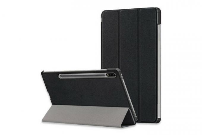 Olixar læder-stil med S Pen holder etui i sort, der viser bagsiden af ​​etuiet og etuiet foldet ud som et stativ.