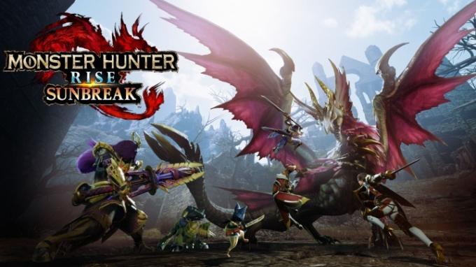 Tím lovcov a ich spoločníkov Palico bojuje s upírskym drakom Malzenom v kľúčovom umení Monster Hunter Rise: Sunbreak.