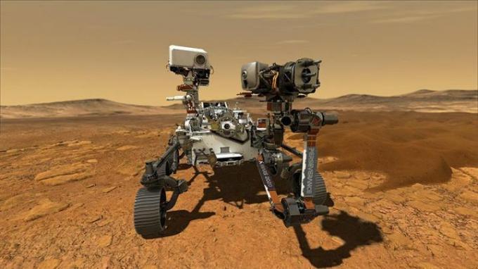 Uma ilustração do rover Perseverance da NASA, que deve pousar em Marte em fevereiro de 2021.