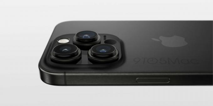Renderização do iPhone 15 Pro na cor preta mostrando o relevo da câmera