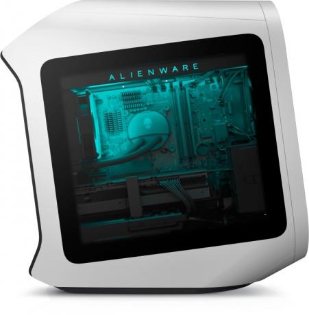 Alienware Aurora R13 gaming desktop afbilledet fra siden med udsigt til komponenterne indeni.