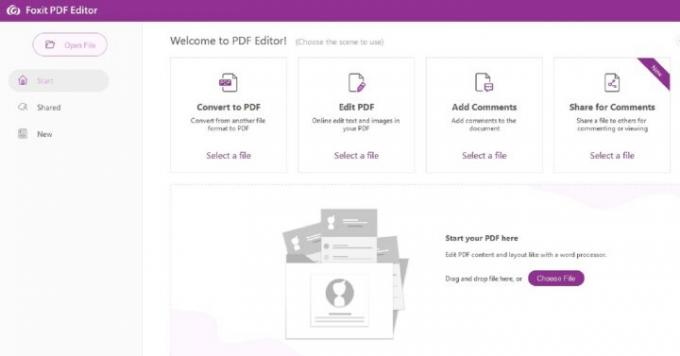 Der Hauptmenübildschirm der kostenlosen Online-Web-App Foxit PDF Editor.