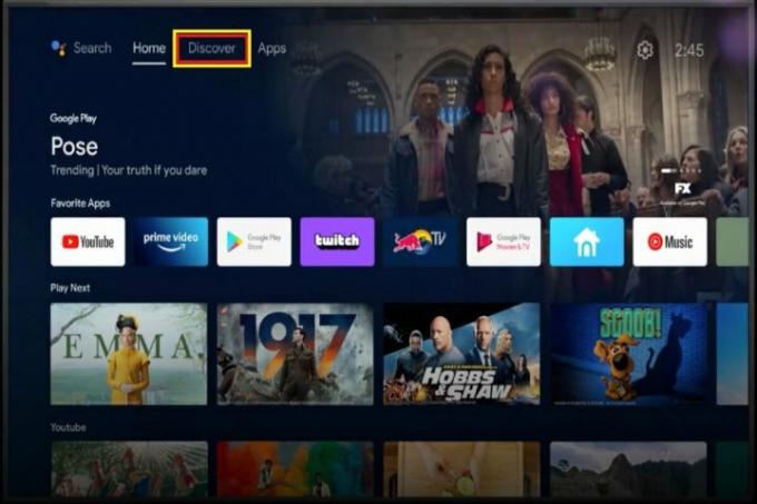 Karta Objevit na domovské obrazovce Android TV.