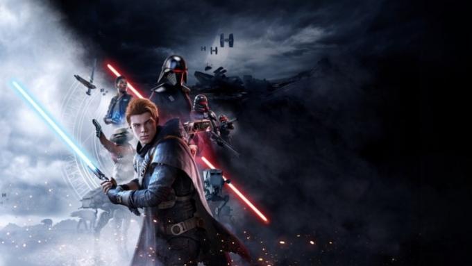 Žvaigždžių karų Jedi: Fallen Order reklaminis menas su pagrindinių aktorių koliažu.