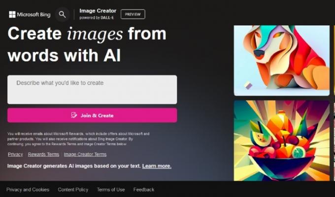 Webbplats för Bing Image Creator-generator.