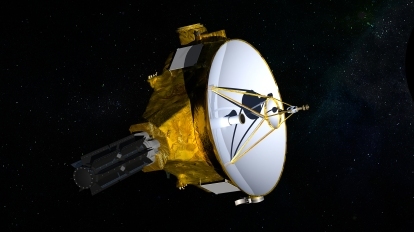 Umetnikov vtis NASA-jevega vesoljskega plovila New Horizons na poti januarja 2019 na srečanje z objektom Kuiperjevega pasu 2014 MU69.