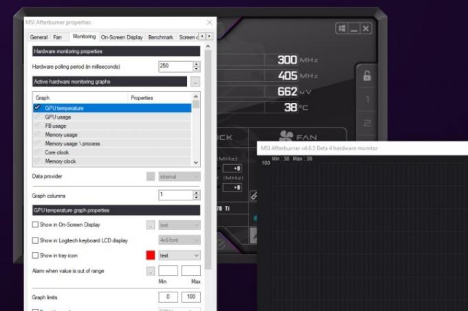 Innstillingsmeny for MSI Afterburner.