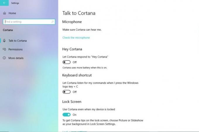 Kuva Windows 10 Cortana -asetusvalikosta