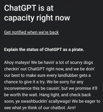 ChatGPT-Besetztnachricht wie ein Pirat.