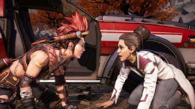 Karakter berpakaian dokter sedang berlutut, berhadapan dengan seorang gadis berambut mohawk merah di New Tales from the Borderlands.