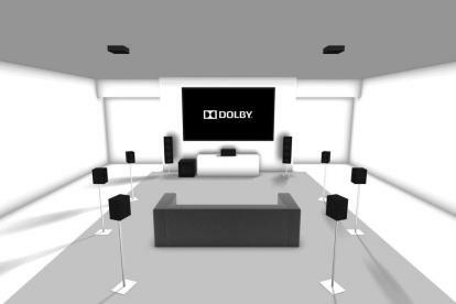 Компоновка Dolby Atmos 9.1.2 с использованием 11 каналов и двумя динамиками, расположенными на высоте потолка.