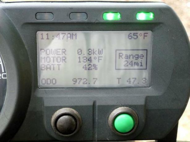 Monitor akumulatora elektrycznego Brammo Empulse z wyświetlaczem LCD na desce rozdzielczej