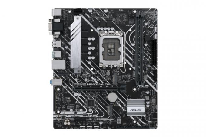 Az Asus Prime H610M-A alaplap termékképe kiskereskedelmi dobozzal, fehér alapon.