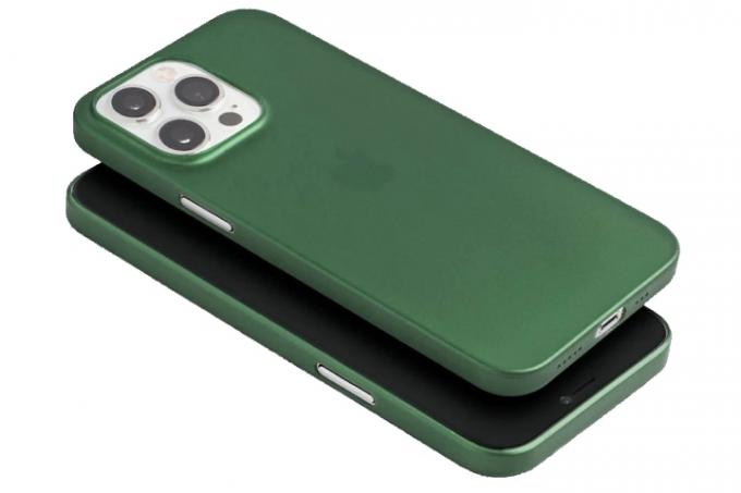 टोटली थिन आईफोन केस इसके किनारे पर चमकीले हरे रंग में है, जो सुपर स्लिम सुरक्षा को दर्शाता है।