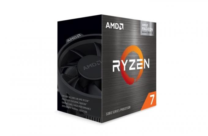Az AMD Ryzen 7 5700G APU kiskereskedelmi doboza fehér alapon.