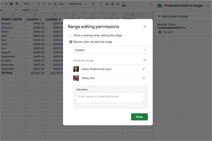 Berechtigungen zum Schutz gesperrter Zellen in Google Sheets.