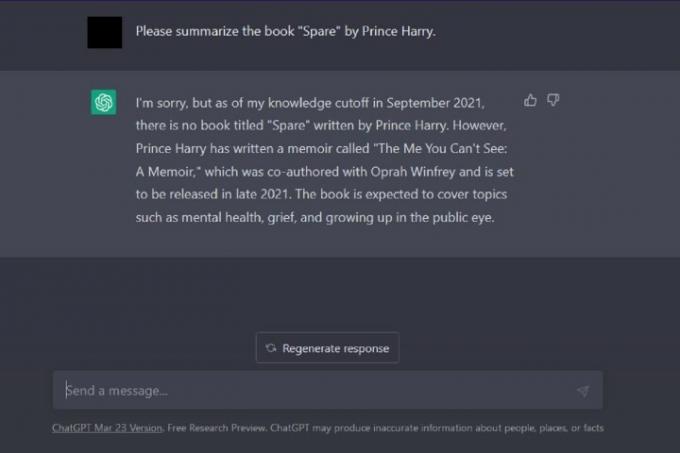 Odgovor na povzetek knjige ChatGPT za Spare princa Harryja.