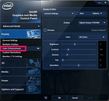 تدعم لوحة التحكم بالفيديو من Intel تعديل الإعدادات لكل لون.