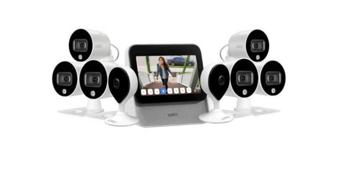 Lorex Home Center met 2 binnen- en 6 buiten Wi-Fi-camera's op een witte achtergrond.